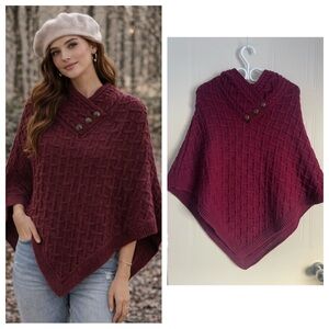 Aran Mor Merino Wool Poncho Cable Knit Fisherman Burgundy Small